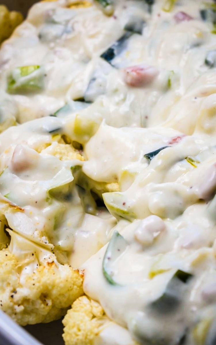 Roasted cauliflower topped with bechamel sauce, leeks and pancetta.