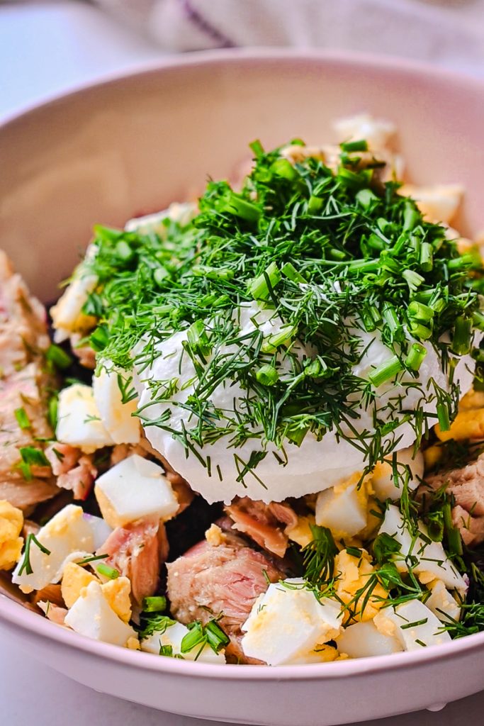Greek yogurt and fresh herbs added to the tuna and beet mixture.