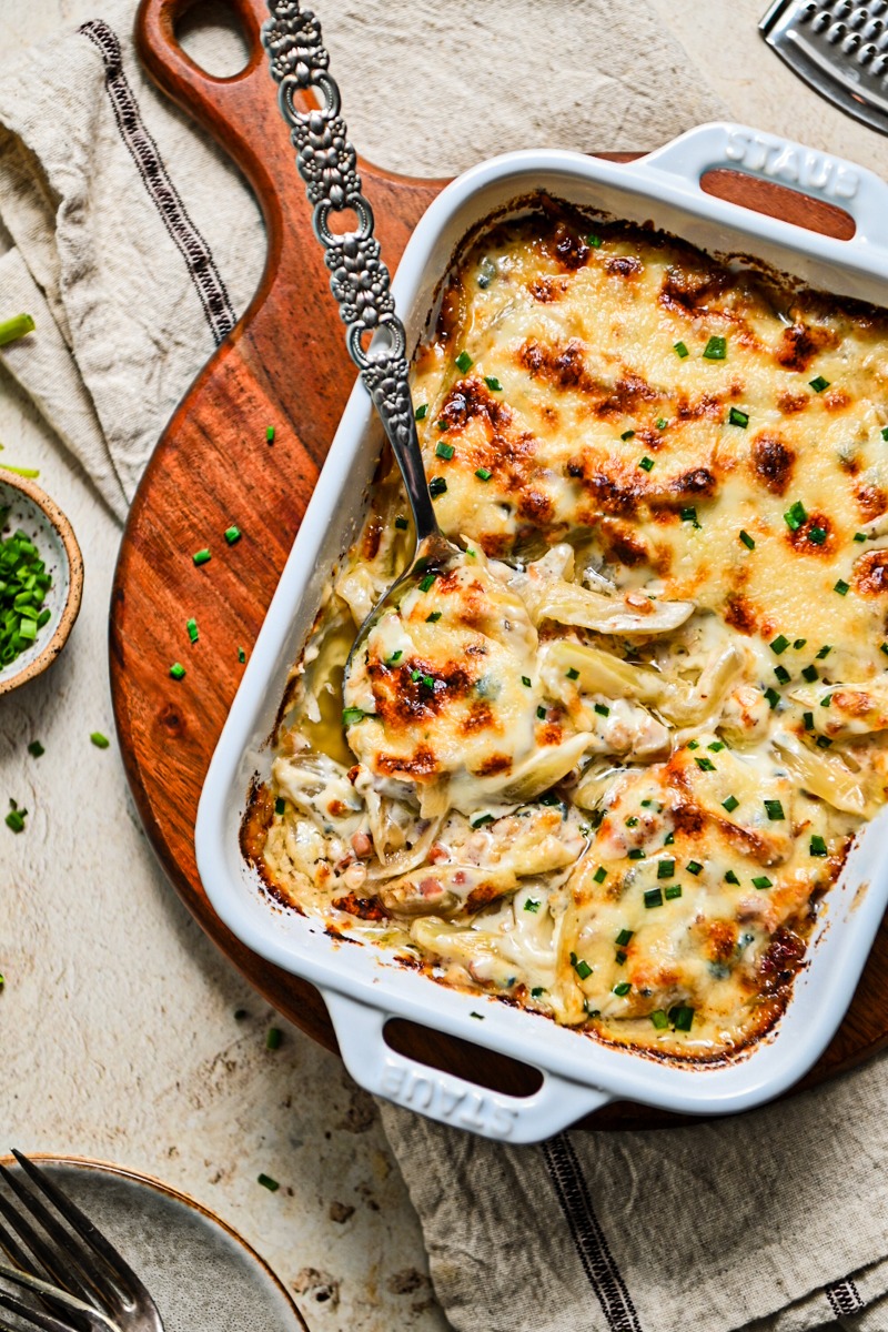 Overhead shot of baked fennel gratin in a baking dish.