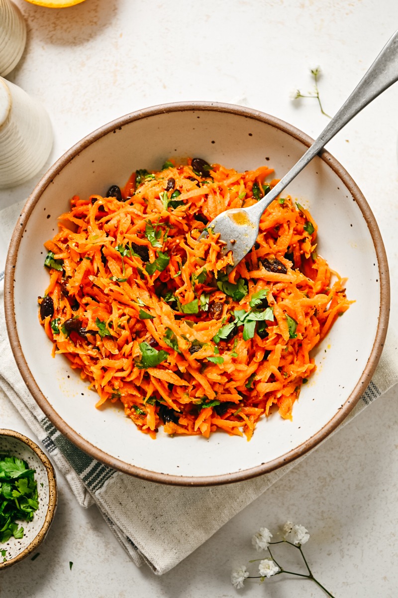 Finished Moroccan carrot salad in a bowl.