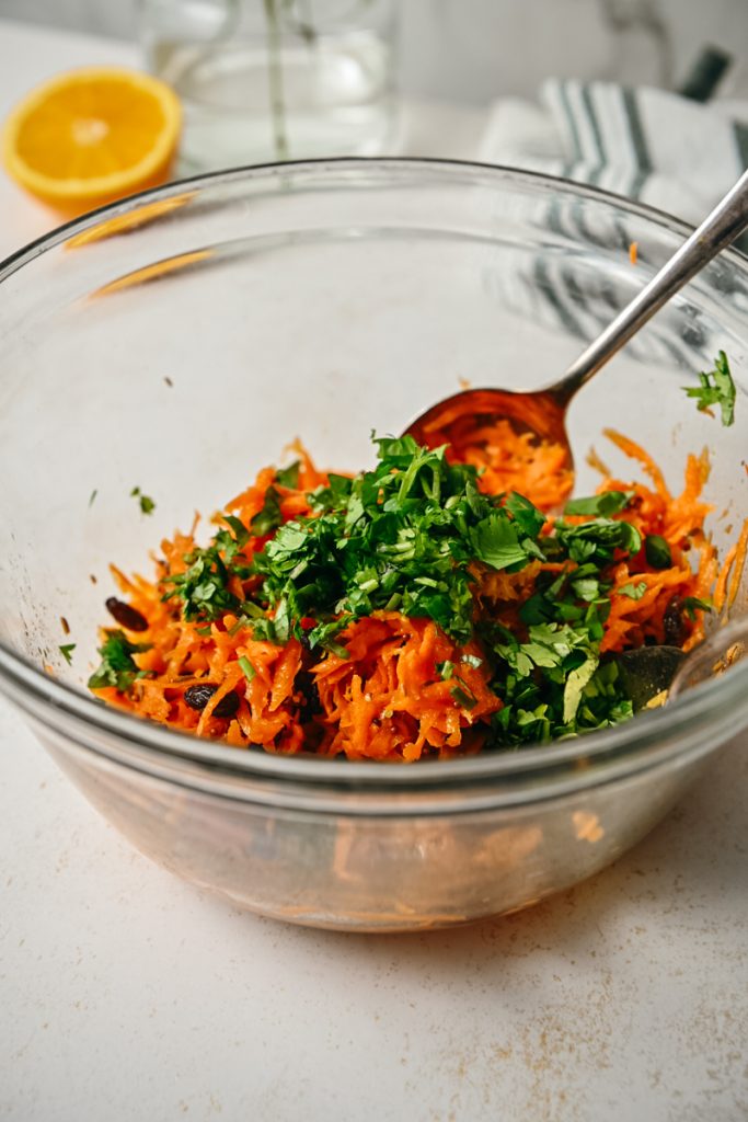 Cilantro added to the Moroccan carrot salad.