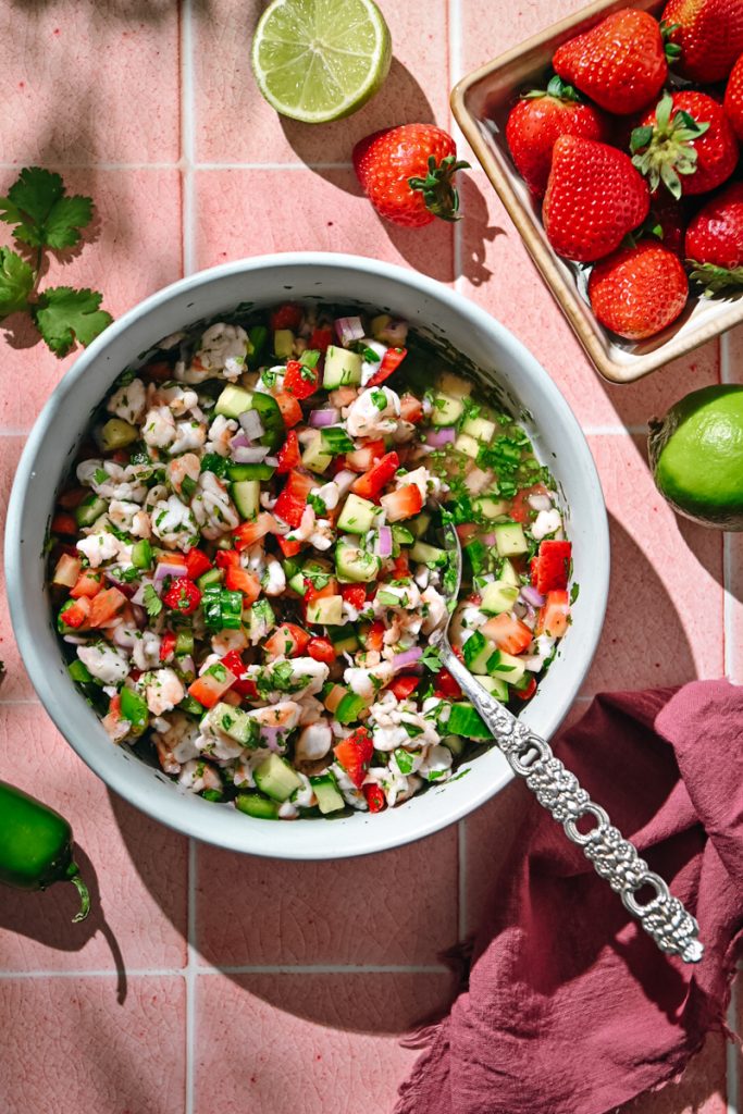 Overhead shot of strawberry shrimp ceviche in a serving bowl.