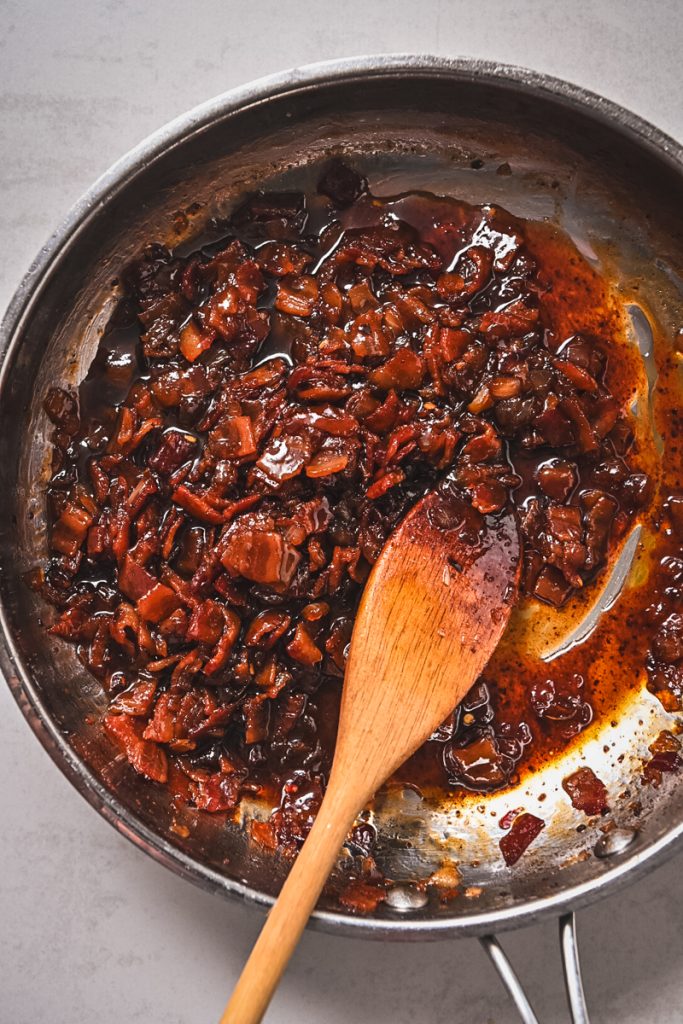 Image of Bourbon bacon jam into the skillet.