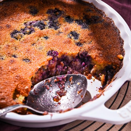 Side view of baked blueberry rhubarb gratin with a piece missing.