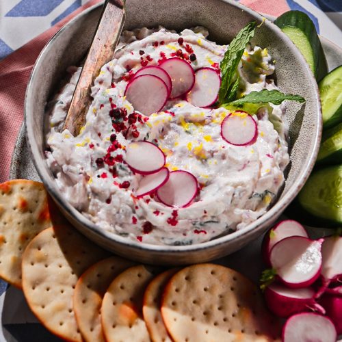 Close up of ricotta radish dip served in a bowl on a plate with crackers and veggies.