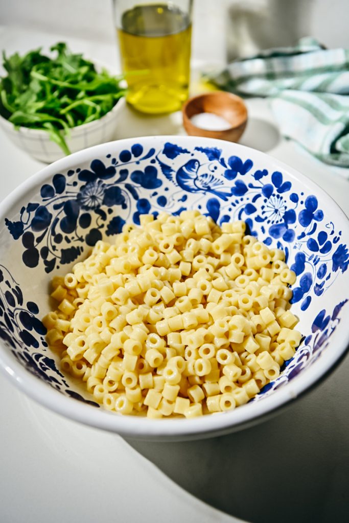 Cooked ditalini pasta in a bowl.