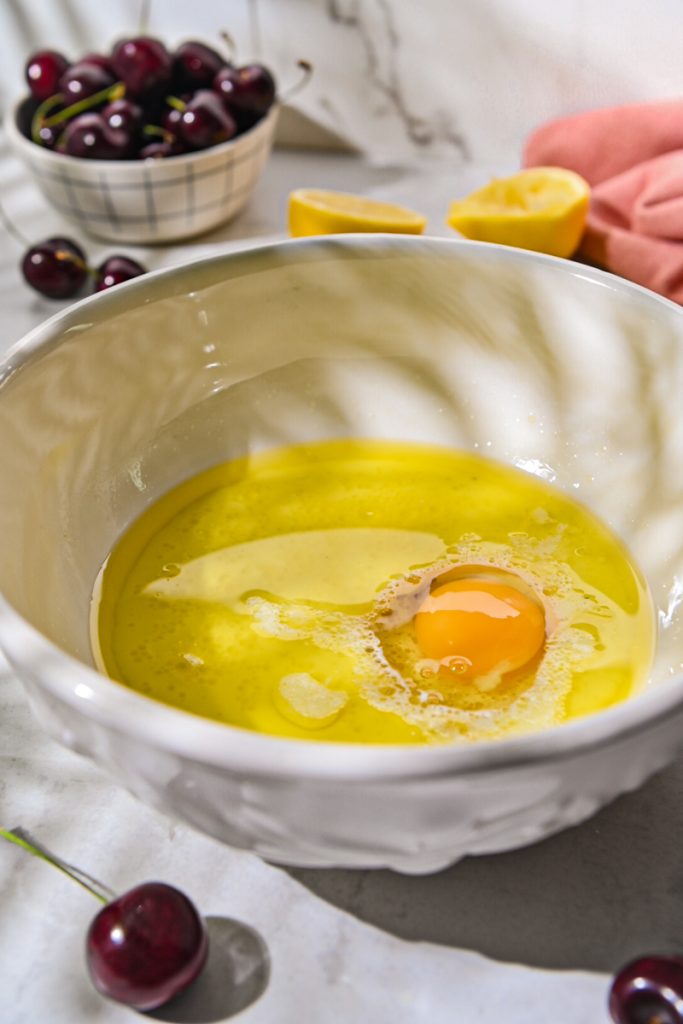 Eggs added to the butter and sugar mixture.